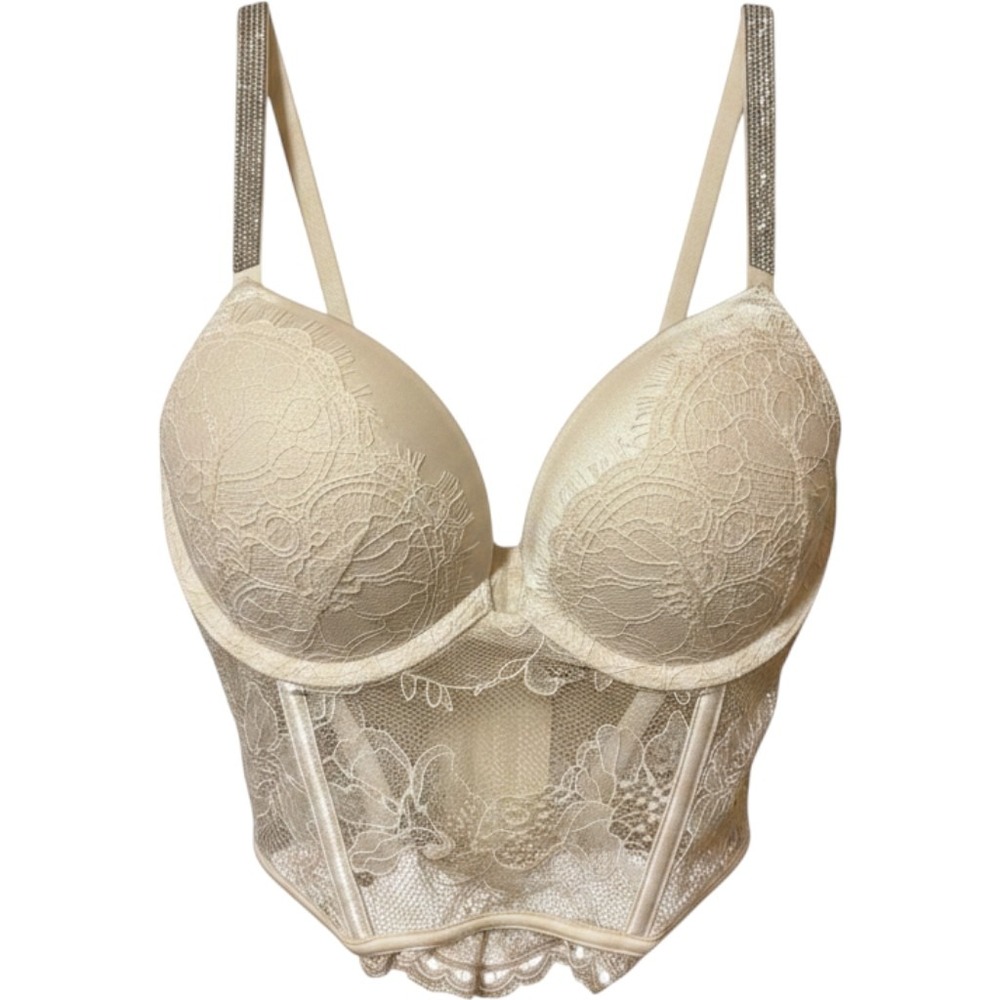Victorias Secret Very Sexy Lace Corset Top Rhinestone Strap Ivory Longline Bra